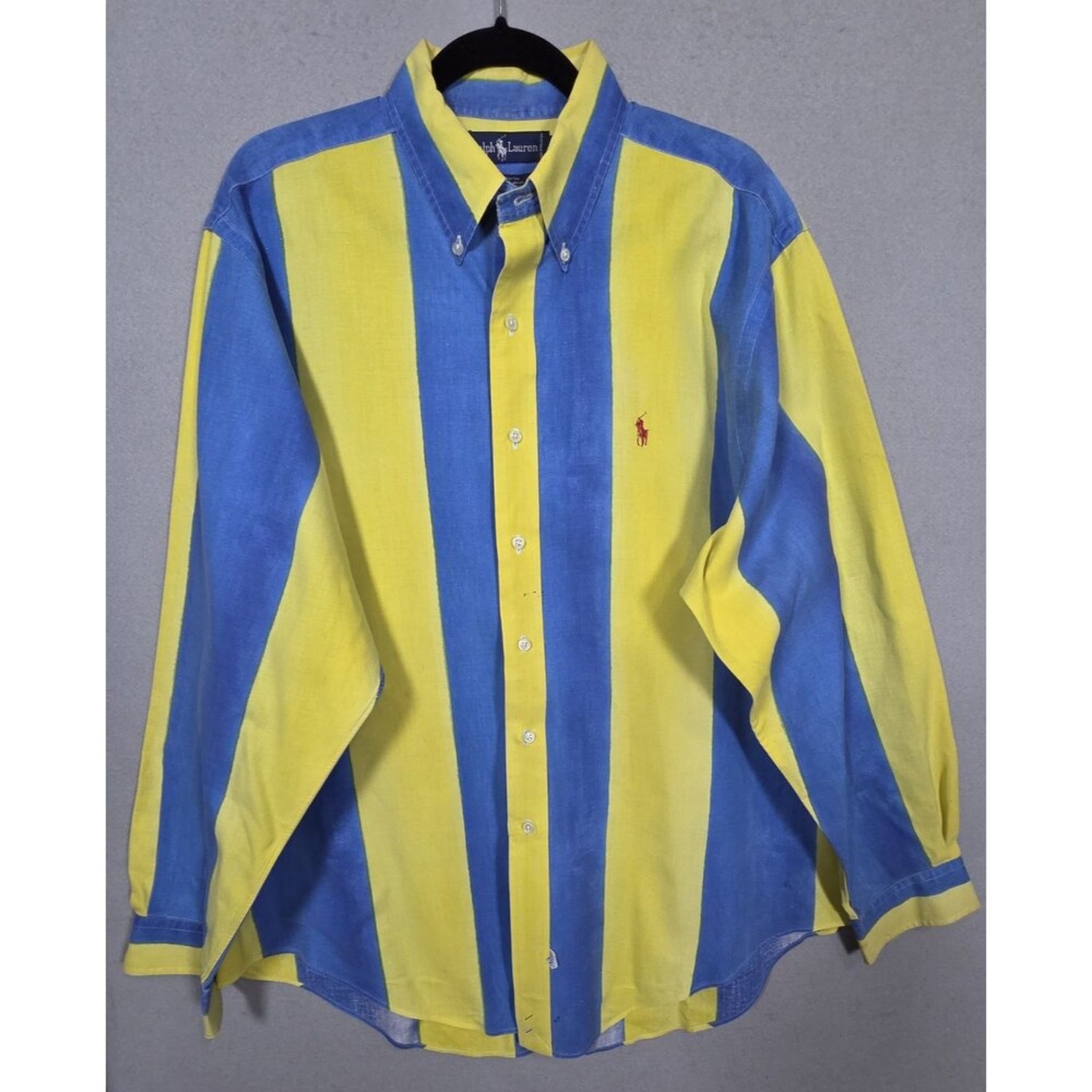 Vtg Ralph Lauren Shirt Mens XL Blue Yellow Striped Yarn Dyed Hand Woven Oxford